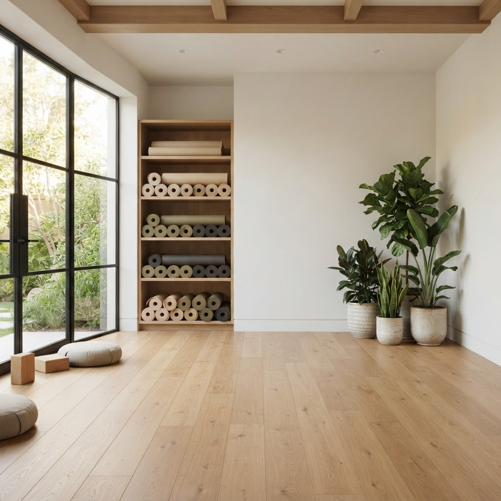 Yoga and stretching studio with wooden floor